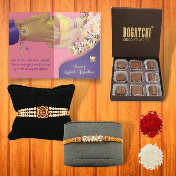 BOGATCHI 9 Chocolate Box 2 Rakhi Roli Chawal and Greeting Card A | Rakhi with Chocolates |  Rakhi Chocolates Gifts